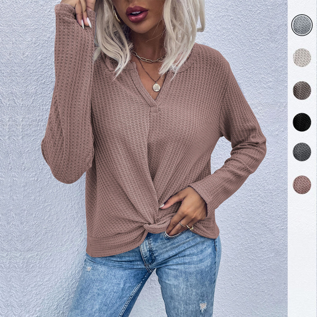 Damen Waffelstrick-Longsleeve mit V‑Ausschnitt und Knotenfront Echoarchiv