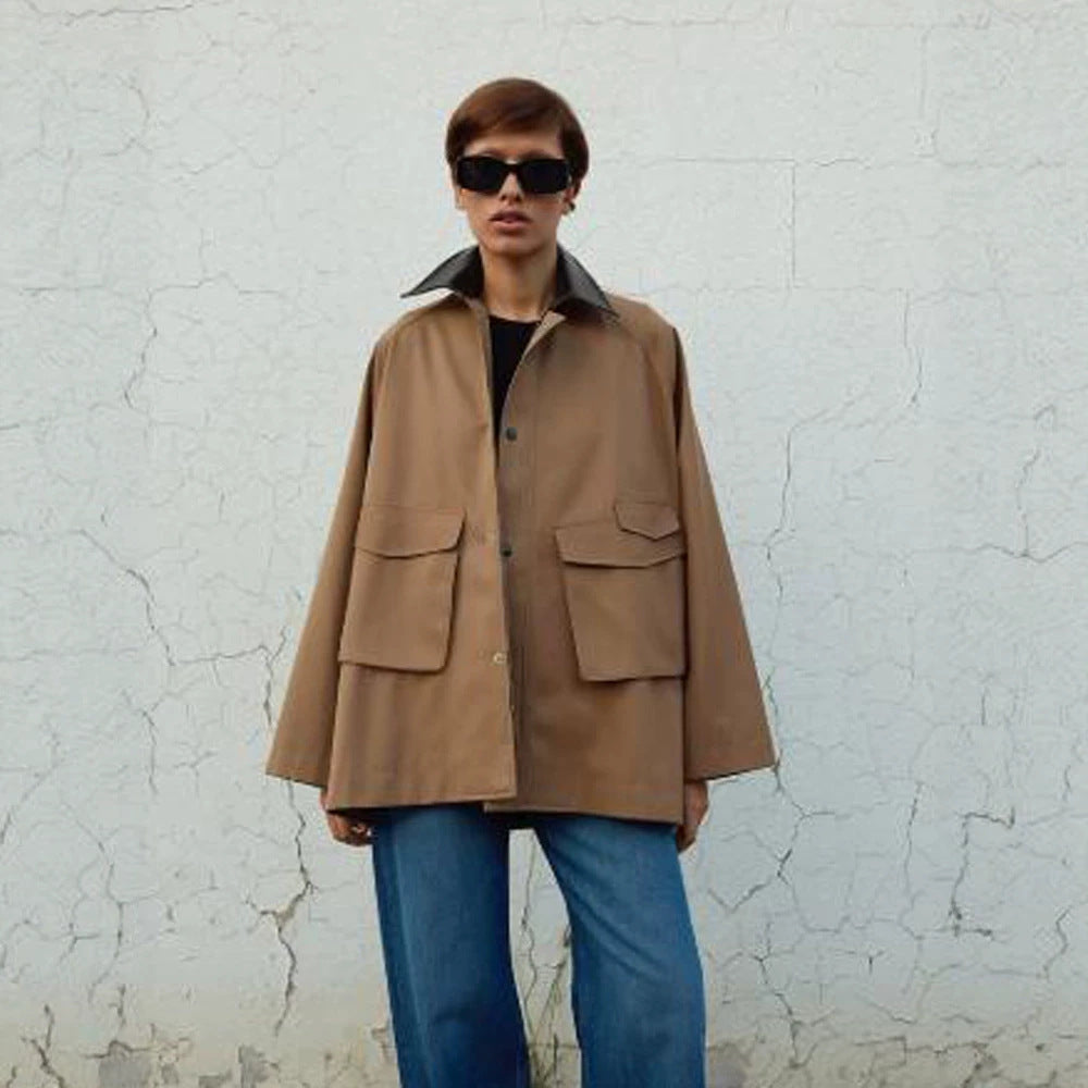 Damen Oversize utilitarische Jacke mit großen Pattentaschen und Kontrastkragen Echoarchiv