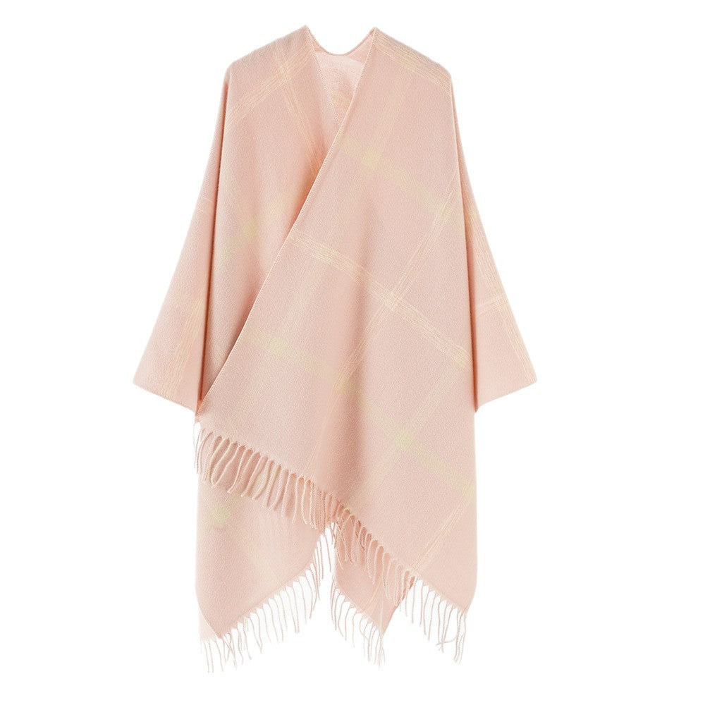 Damen Wollmix‑Überwurfponcho mit großem Karomuster und Fransensaum – Avérine