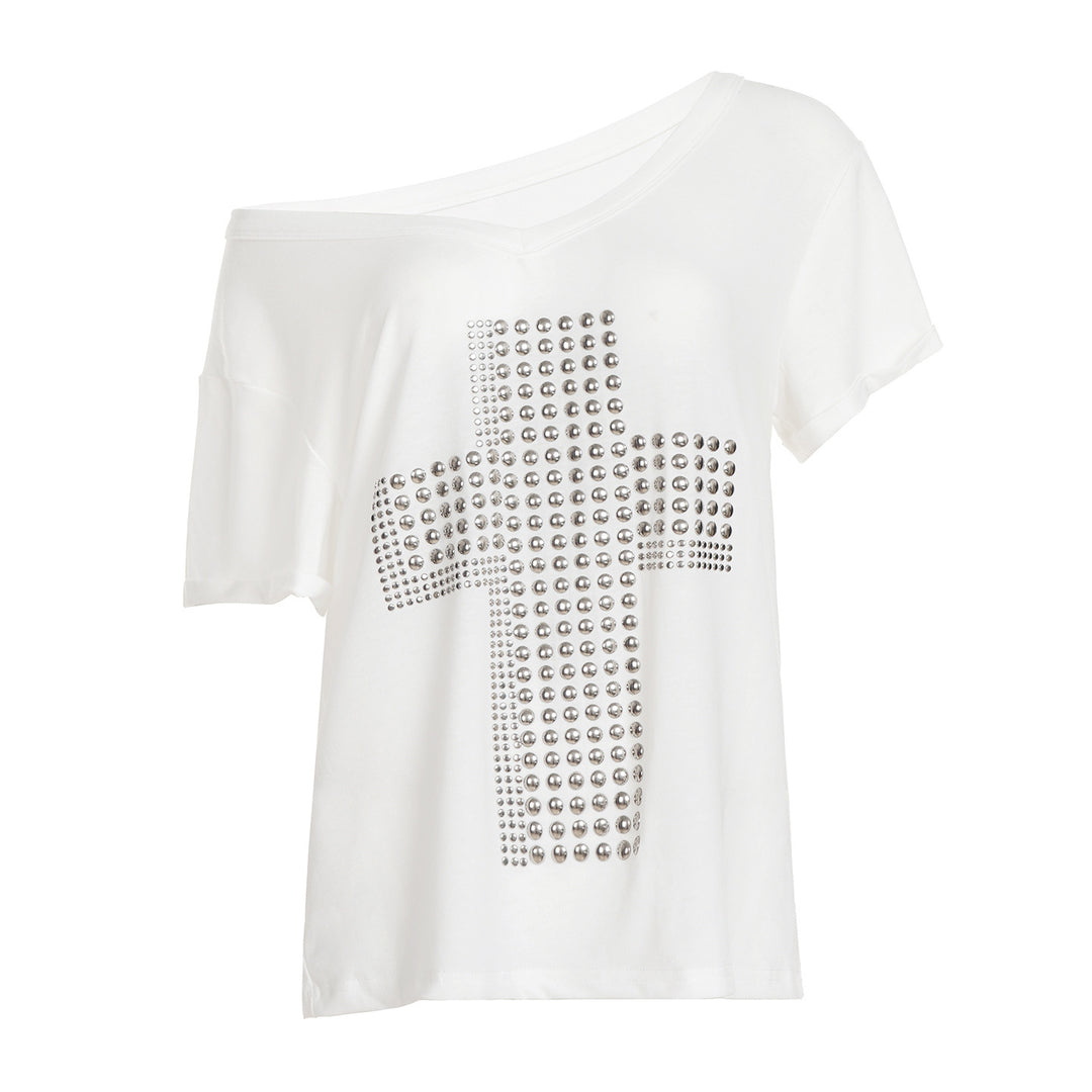 Damen V-Ausschnitt T-Shirt mit stilvollem Nieten-Dekor Echo Archiv