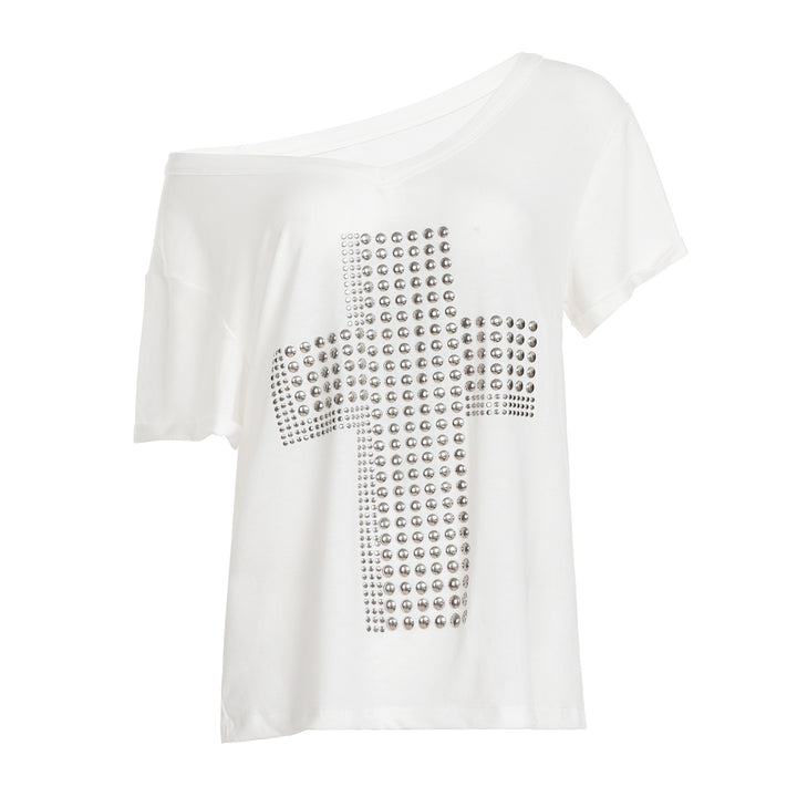 Damen V-Ausschnitt T-Shirt mit stilvollem Nieten-Dekor Echo Archiv