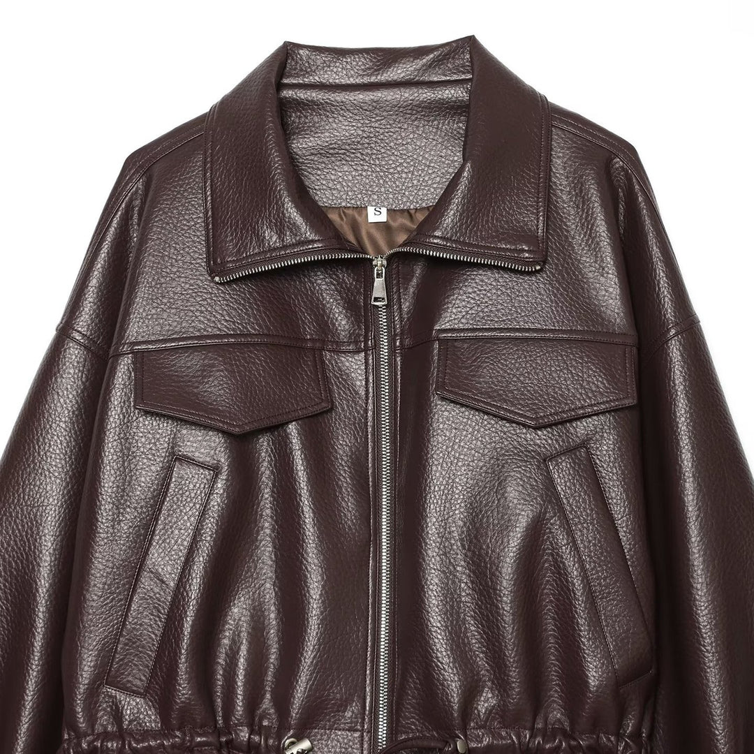 Damen Cropped Kunstlederblouson mit hohem Stehkragen, Pattentaschen und Tunnelzug Echoarchiv