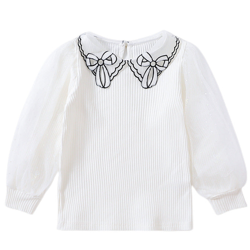 Mädchen Bluse mit transparenter Puffärmel und besticktem Kragen Echo Archiv