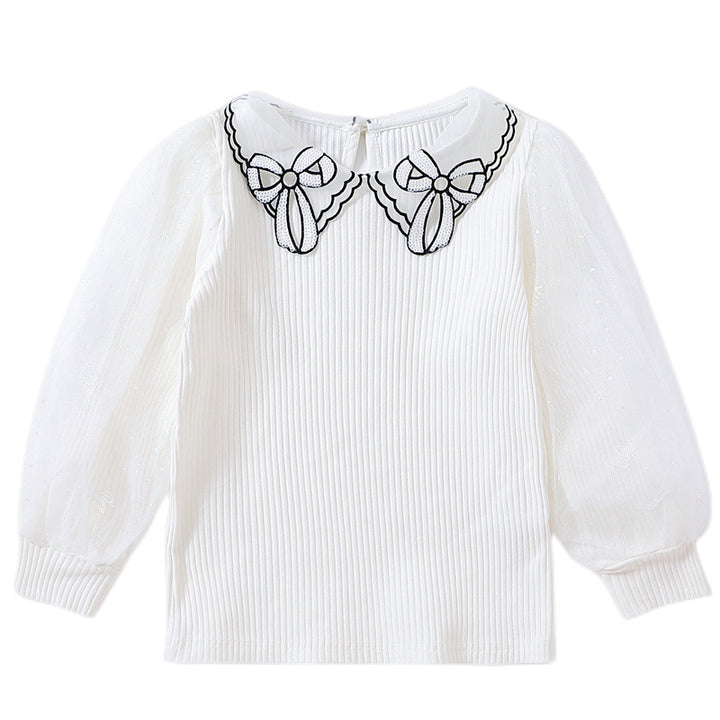 Mädchen Bluse mit transparenter Puffärmel und besticktem Kragen Echo Archiv