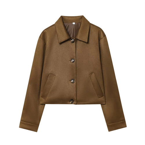 Damen kurze taillierte Boxy-Jacke mit Hemdkragen, Eingrifftaschen und durchgehender Knopfleiste – Célinea