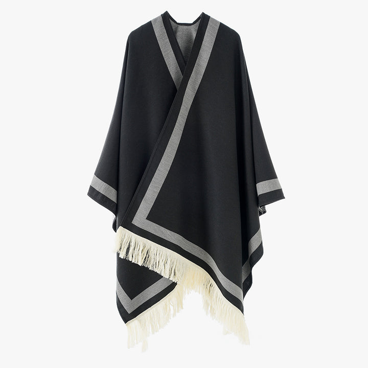 Damen Gefütterter Oversize‑Capeponcho im Kimono‑Schnitt mit Kontrastbordüre und Fransensaum – Célinea