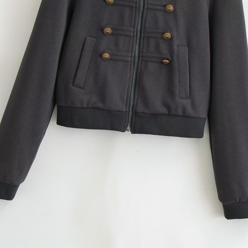 Damen Cropped Kapuzenblouson im Military‑Look mit Zierknopfleiste und geripptem Saum Echo Archiv