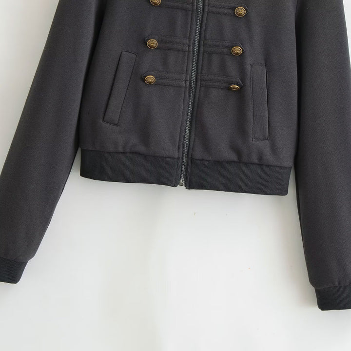 Damen Cropped Kapuzenblouson im Military‑Look mit Zierknopfleiste und geripptem Saum Echo Archiv