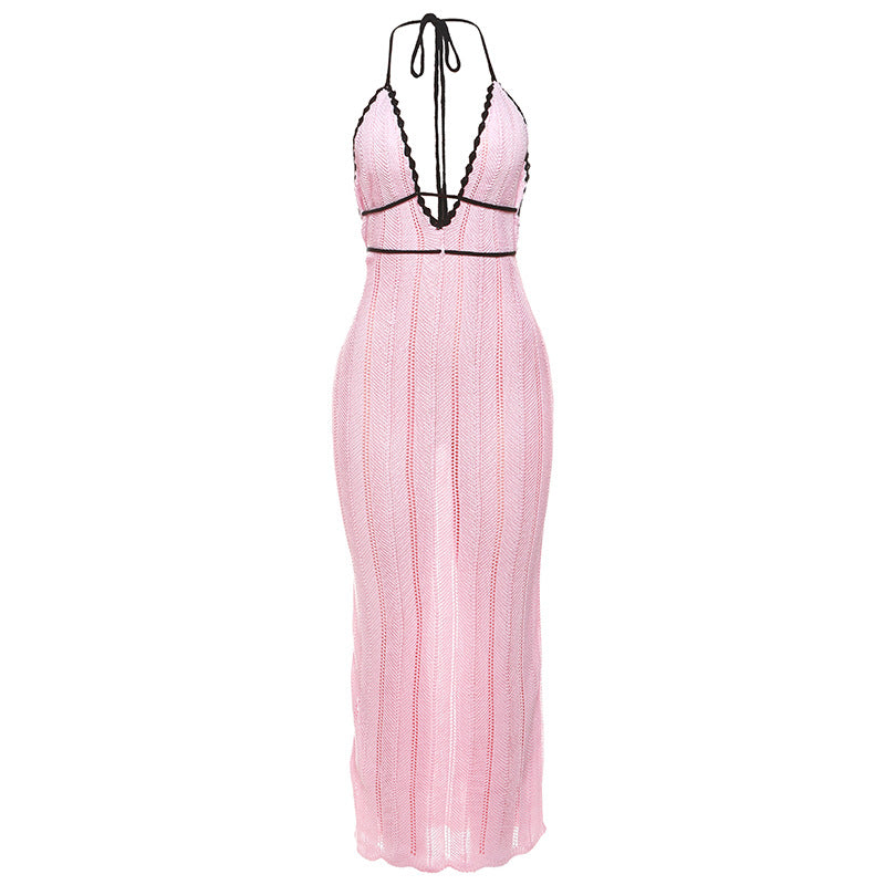 Damen Strick Maxikleid mit tiefem V-Ausschnitt und Bindebändern Echo Archiv