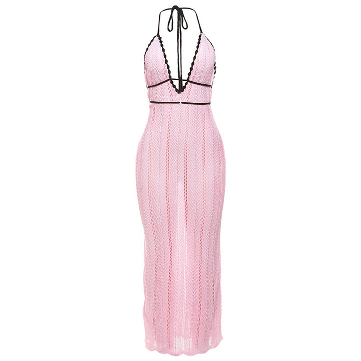 Damen Strick Maxikleid mit tiefem V-Ausschnitt und Bindebändern Echo Archiv