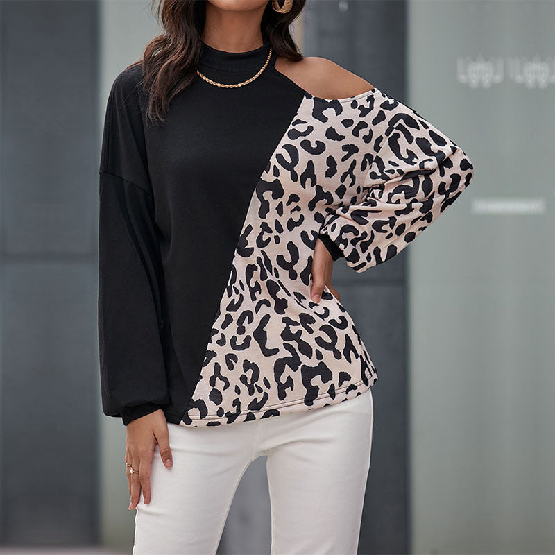 Damen Schulterfreies Sweatshirt mit Leoparden-Panel und Stehkragen Echoarchiv