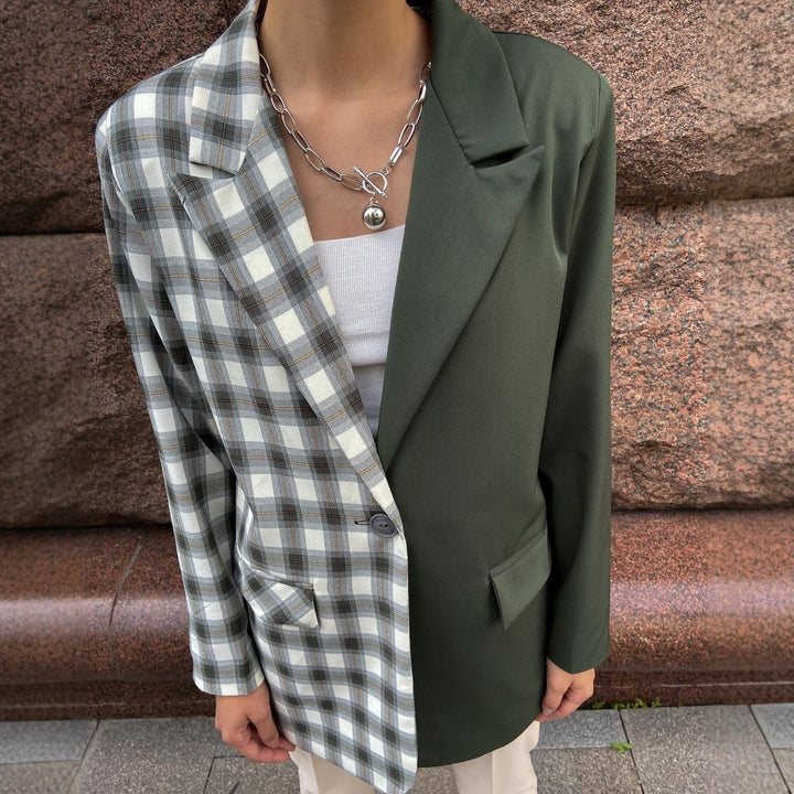 Damen Zweifarbiger Oversize-Blazer mit Karomuster und Reverskragen Echoarchiv