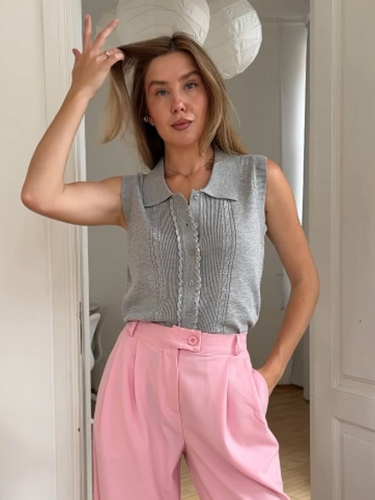 Damen Ärmelloses Stricktop mit Hemdkragen, Zierknopfleiste und feiner Strukturierung Echoarchiv
