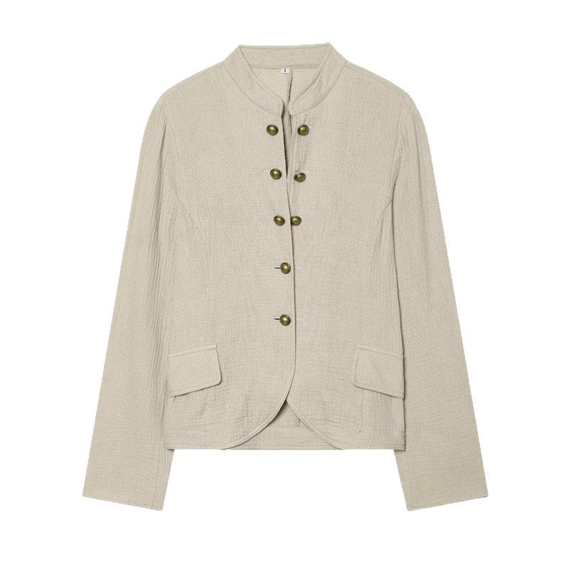 Damen Boxy-Leinenblazer mit Stehkragen, dekorativer Knopfleiste und Pattentaschen Echo Archiv