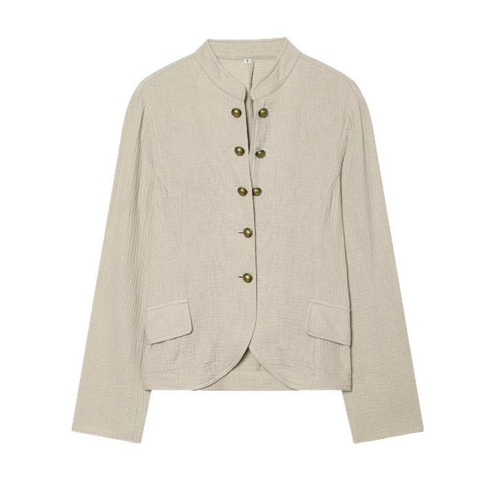 Damen Boxy-Leinenblazer mit Stehkragen, dekorativer Knopfleiste und Pattentaschen Echo Archiv
