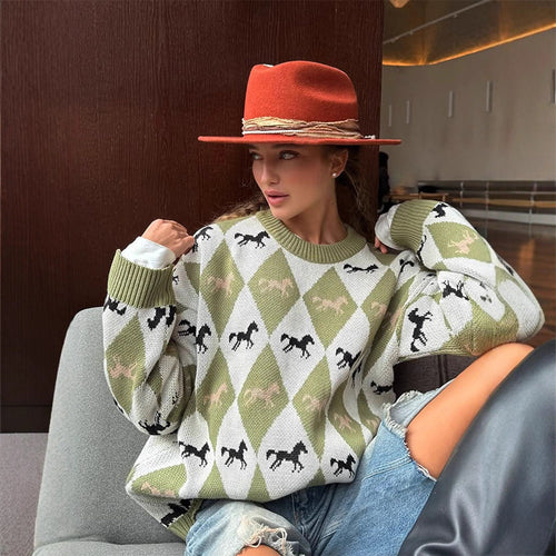 Damen Oversize Strickpullover mit Argyle-Muster und Pferde-Motiv Echoarchiv