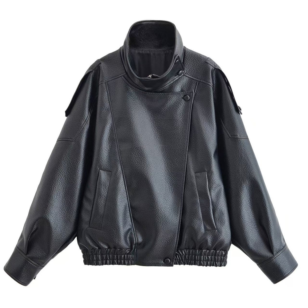 Damen nan Oversize Kunstleder-Bomberjacke mit hohem Stehkragen, Druckknopfblende und smockbündchen Echo Archiv