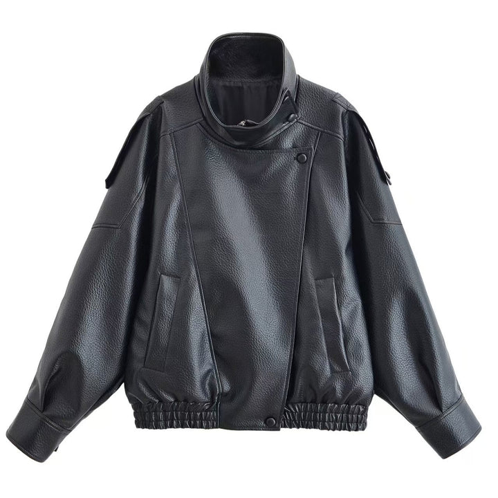 Damen nan Oversize Kunstleder-Bomberjacke mit hohem Stehkragen, Druckknopfblende und smockbündchen Echo Archiv