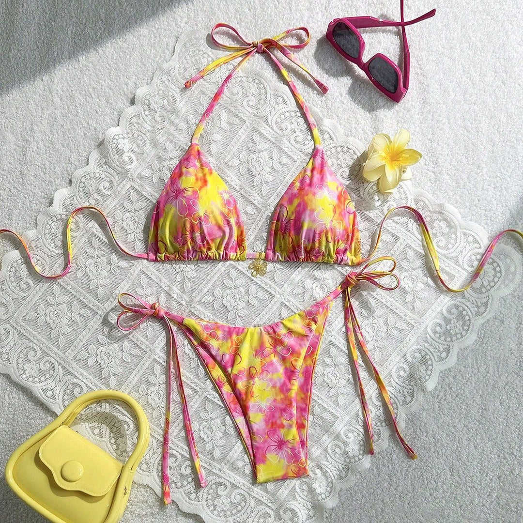 Damen Triangel-Bikini mit verstellbaren Bändern und buntem Blumenmuster Echo Archiv