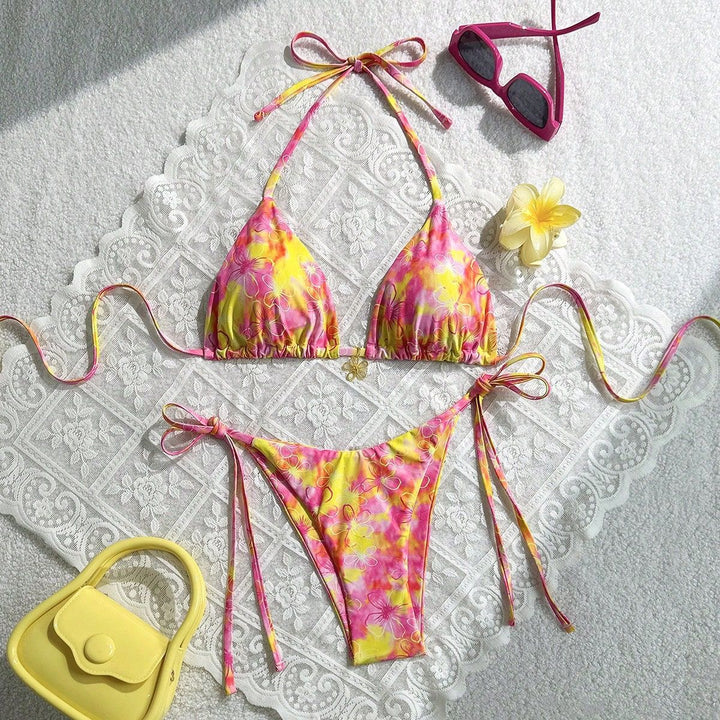 Damen Triangel-Bikini mit verstellbaren Bändern und buntem Blumenmuster Echo Archiv