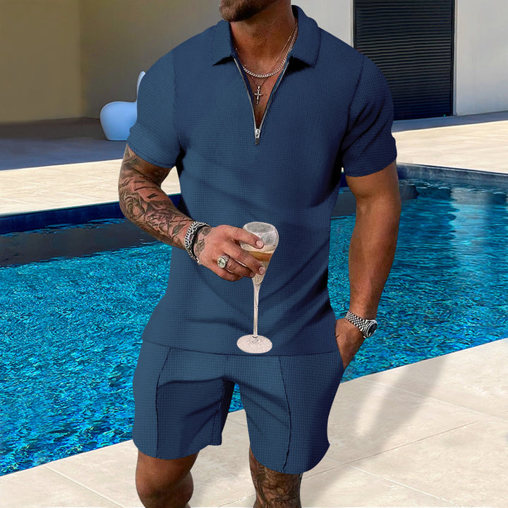 Herren lässiges Polo- und Shorts-Set mit Reißverschluss und strukturierter Oberfläche Echoarchiv