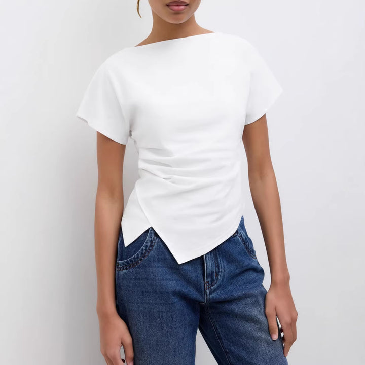 Damen Cropped T-Shirt mit asymmetrischem Schnitt und dekorativem Drapierungseffekt Echo Archiv