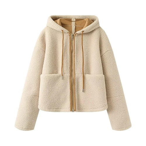Damen kurze Teddy-Fleece Kapuzenjacke mit Reißverschluss und großen Fronttaschen – Célinea