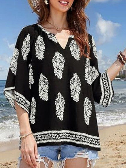 Damen Lockeres Strand-Tunika-Oberteil mit V‑Ausschnitt und Boho‑Print – Orélia