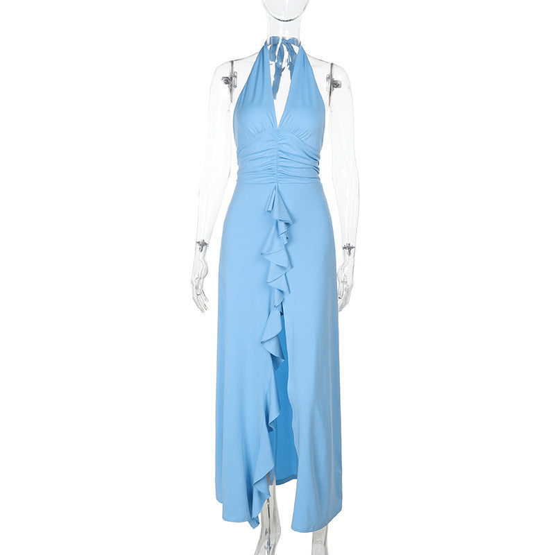 Damen Haltermaxikleid mit gerafftem Design und verspielten Rüschen Echo Archiv