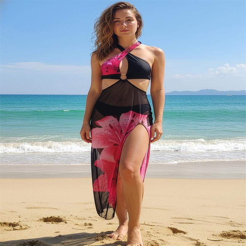Damen Strandkleid mit modischem Wickeldesign und floralem Schnitt Echo Archiv