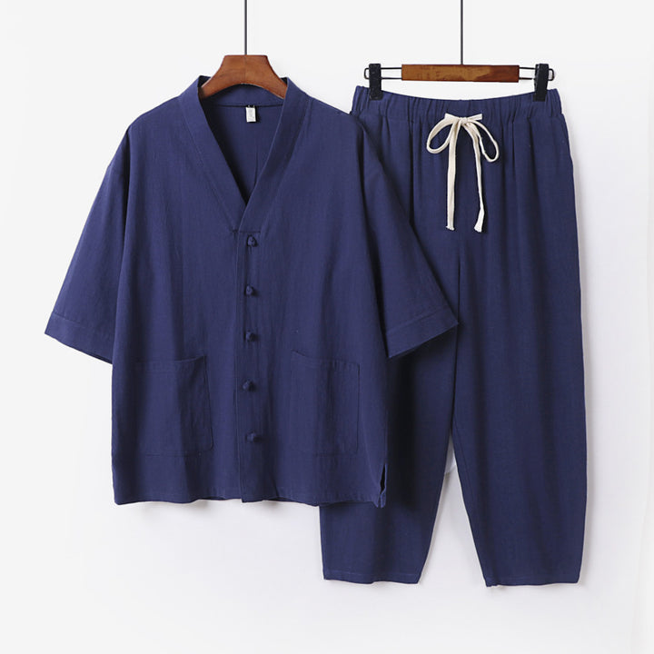 Unisex Leichtes Kimono-Lounge-Set aus Baumwoll-Leinen mit Kurzarmjacke und Kordelbund-Hose Echoarchiv