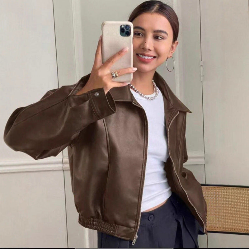 Damen Oversized Lederjacke im Bomberstil mit elastischem Saum Echo Archiv
