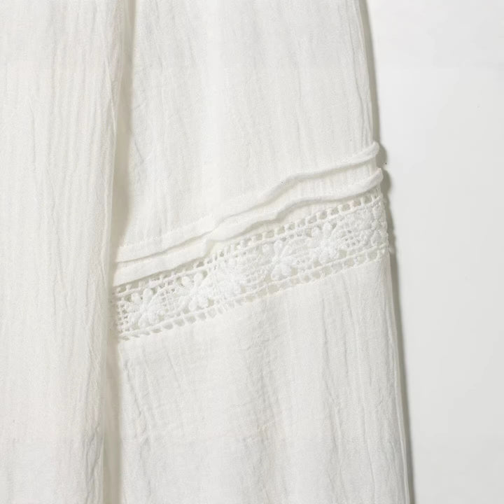 Damen Elegante Baumwollmisch‑Bluse mit Spitzenpasse, verdeckter Knopfleiste und weiten Ballonärmeln Echoarchiv