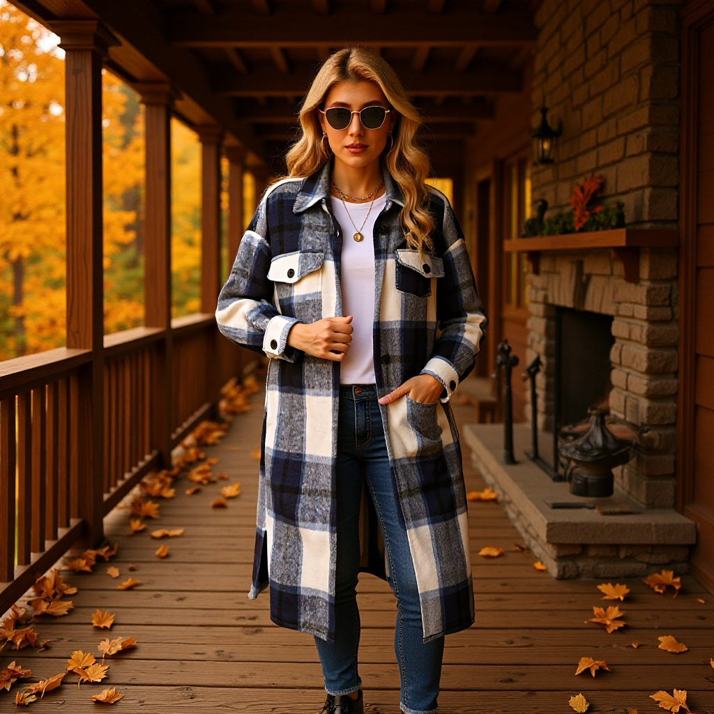 Damen Longline-Karo-Hemdjacke mit aufgesetzten Taschen Echo Archiv