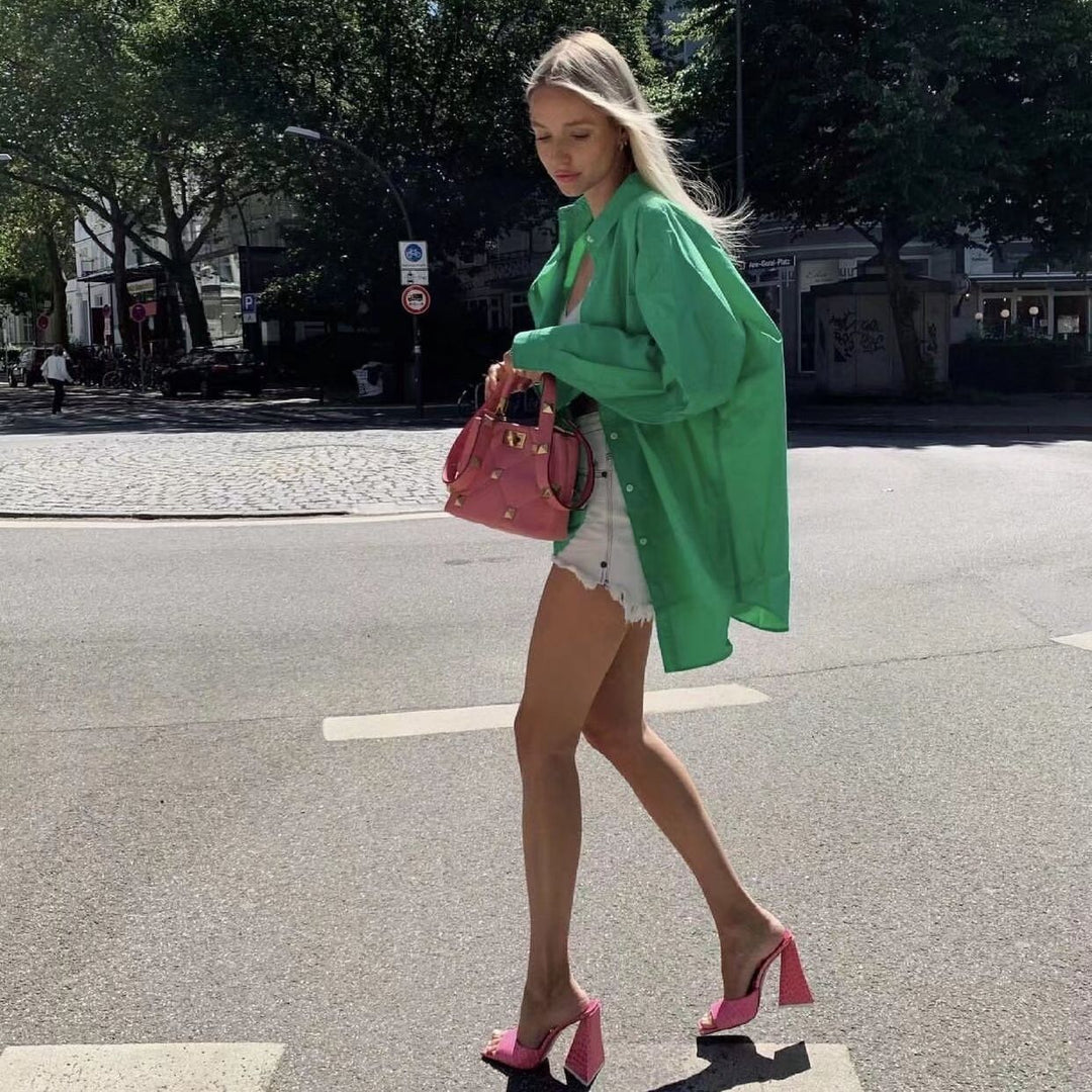 Damen nan oversized Hemdbluse mit Brusttasche, überschnittener Schulter und abgerundetem Saum Echo Archiv
