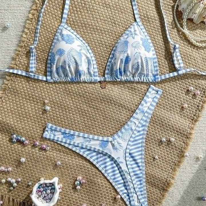 Damen Triangel-Bikini mit Rüschendetails und Karomuster Echo Archiv