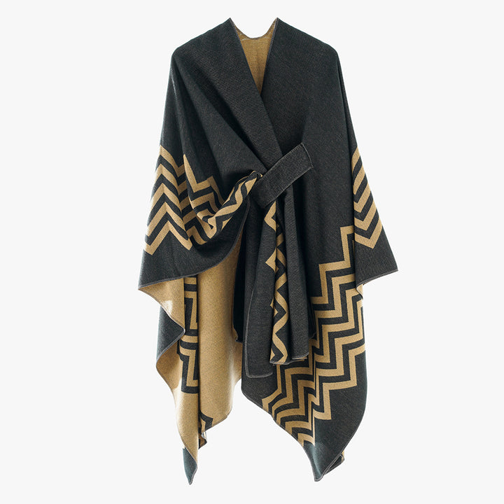 Damen Oversize Rechteck-Cape mit Jacquard-Zickzackmuster und Bindegürtel – Avérine