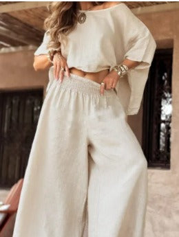 Damen Leinen-Set mit Cropped Oversize-Top und hohem elastischem Bund Palazzohose Echoarchiv