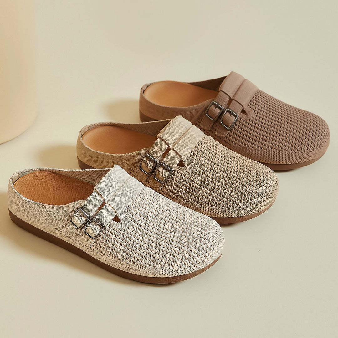 Damen nan gestrickter Clog-Mule mit doppelter Metallschnalle, atmungsaktivem 3D-Strickoberteil und ergonomischem Memory-Fußbett Echo Archiv