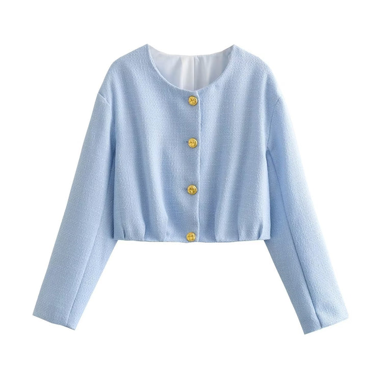 Damen kurz geschnittene Bouclé-Jacke mit Rundhalsausschnitt, durchgehender Knopfleiste und goldfarbenen Zierknöpfen – Célinea