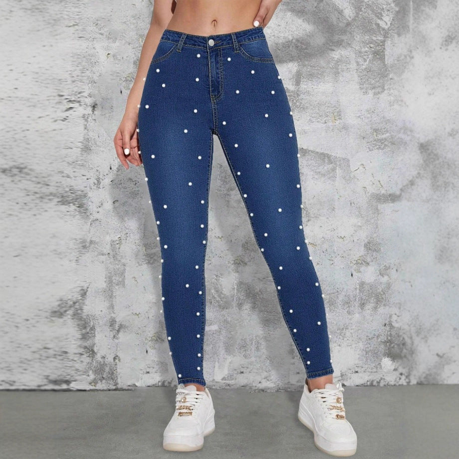 Damen hochtaillierte Skinny-Jeans mit Perlenbesatz Echo Archiv