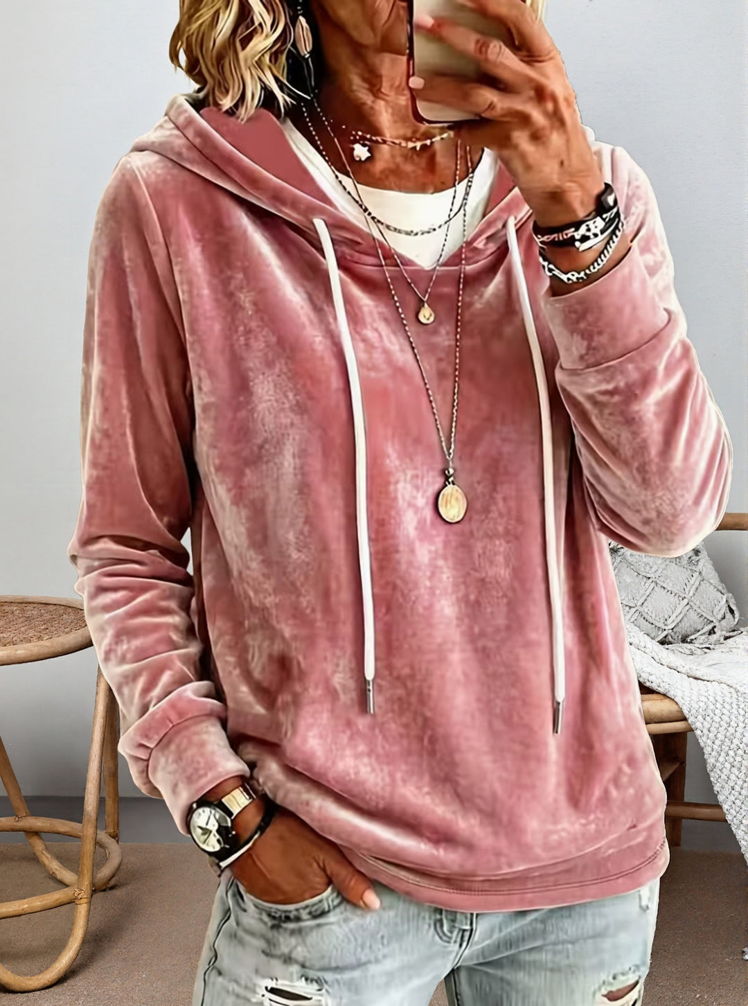 Damen Samtvelours-Hoodie mit Kordelzug und lässiger Oversize-Passform Echoarchiv