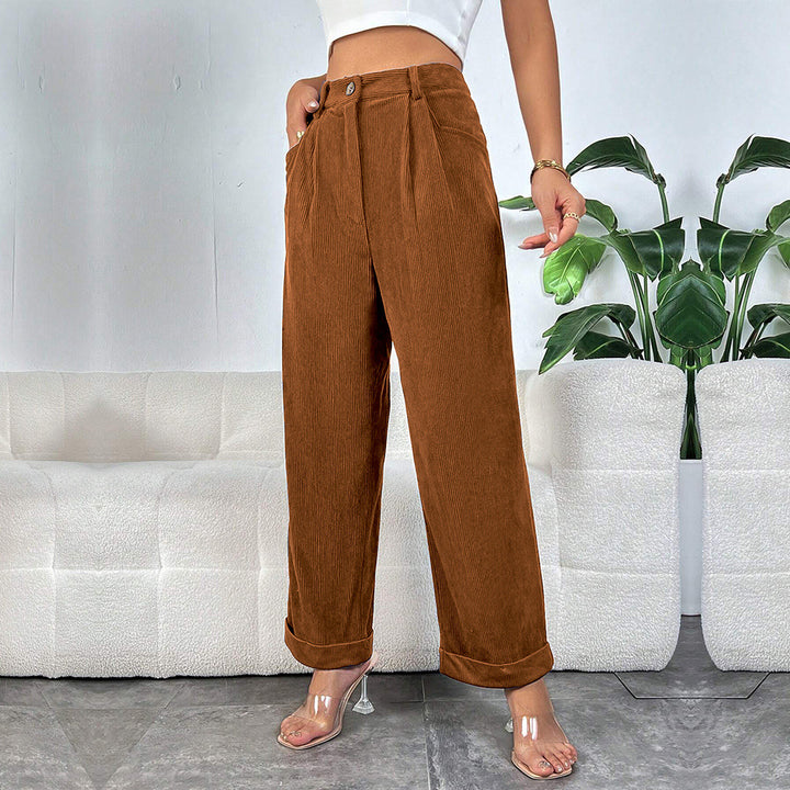Damen hochgeschnittene Cordhose mit weitem Bein, Bundfalten und umgeschlagenem Saum – Avélisse