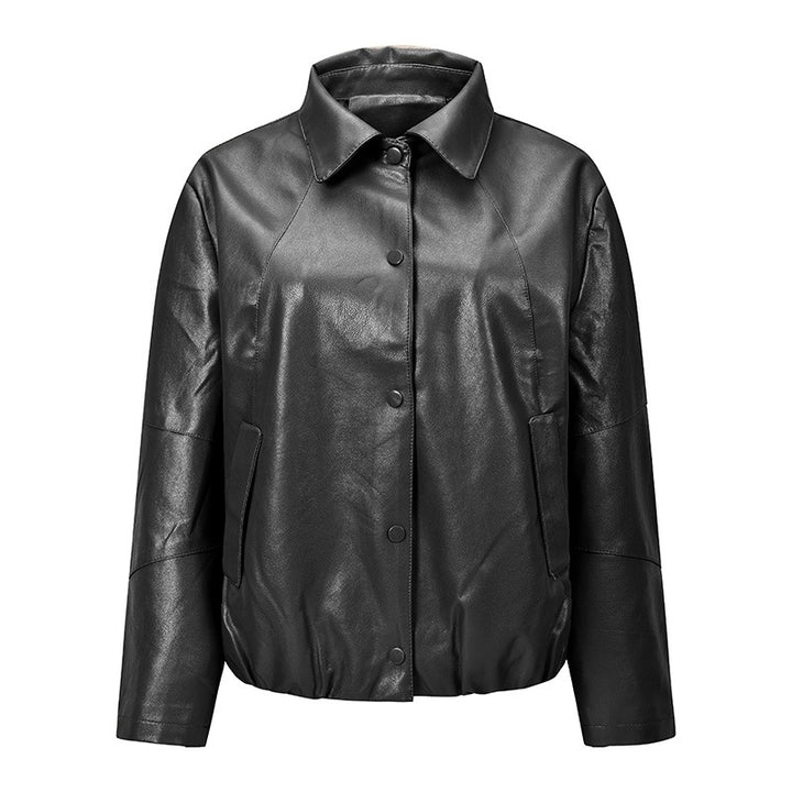 Damen Kurz geschnittene Kunstleder‑Blousonjacke mit Druckknopffront, Hemdkragen & elastischem Saum Echoarchiv