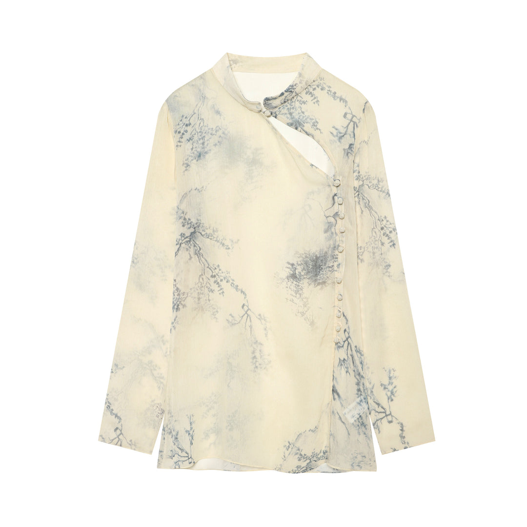 Damen Seidenbluse im Kimono‑Stil mit Mandarinkragen und dekorativer Knotenknopfleiste Echo Archiv
