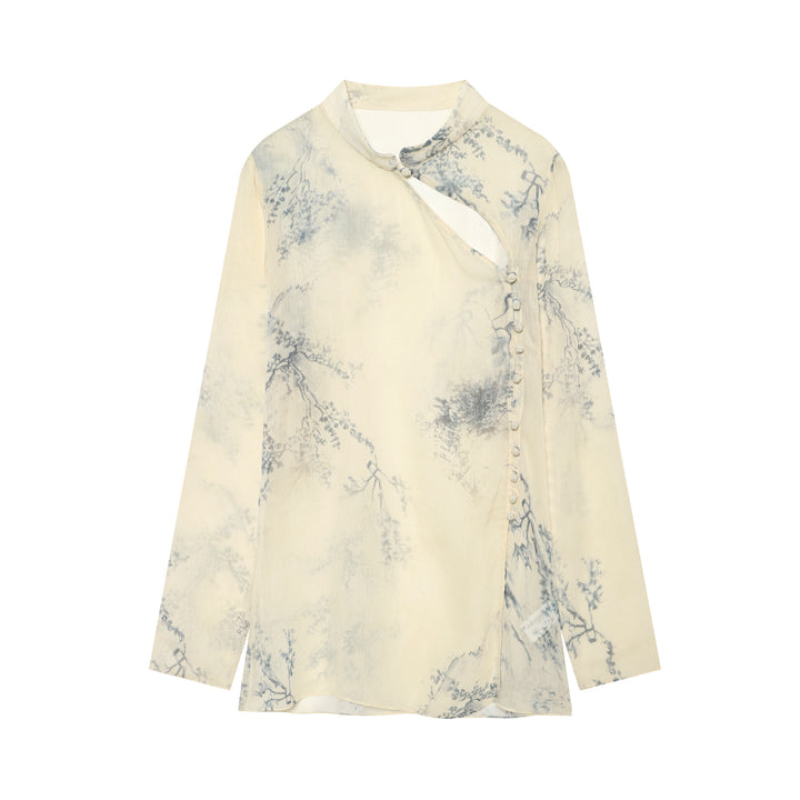 Damen Seidenbluse im Kimono‑Stil mit Mandarinkragen und dekorativer Knotenknopfleiste Echo Archiv