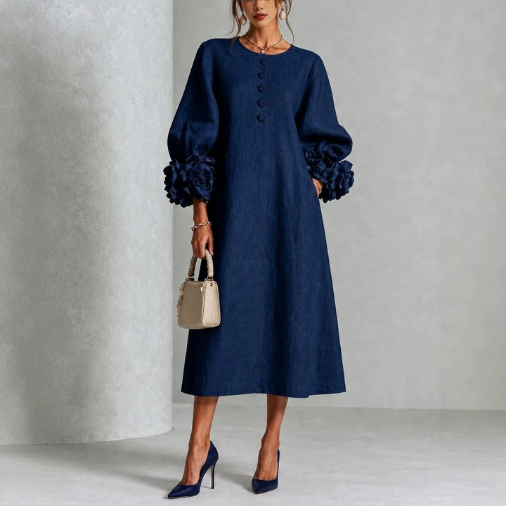 Damen Midikleid aus Leinen mit Ballonärmeln und 3D-Blütenmanschetten Echo Archiv