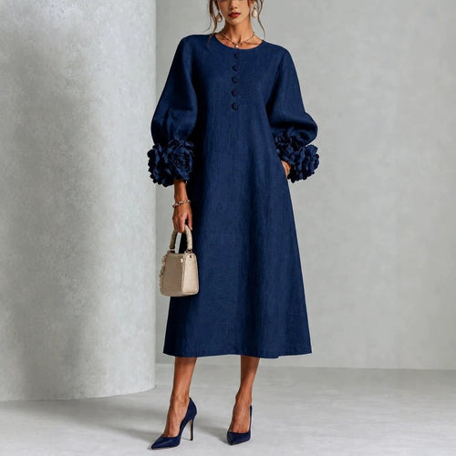 Damen Midikleid aus Leinen mit Ballonärmeln und 3D-Blütenmanschetten Echo Archiv