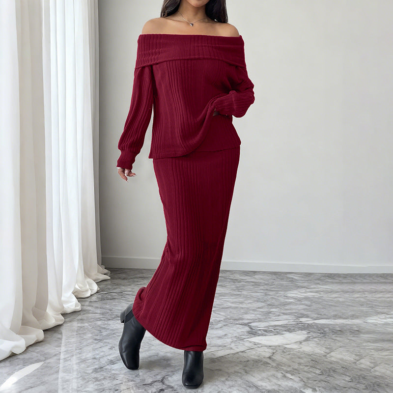 Damen Schulterfreies Rippstrick-Set mit Off-Shoulder-Oberteil und figurbetontem Maxirock Echoarchiv