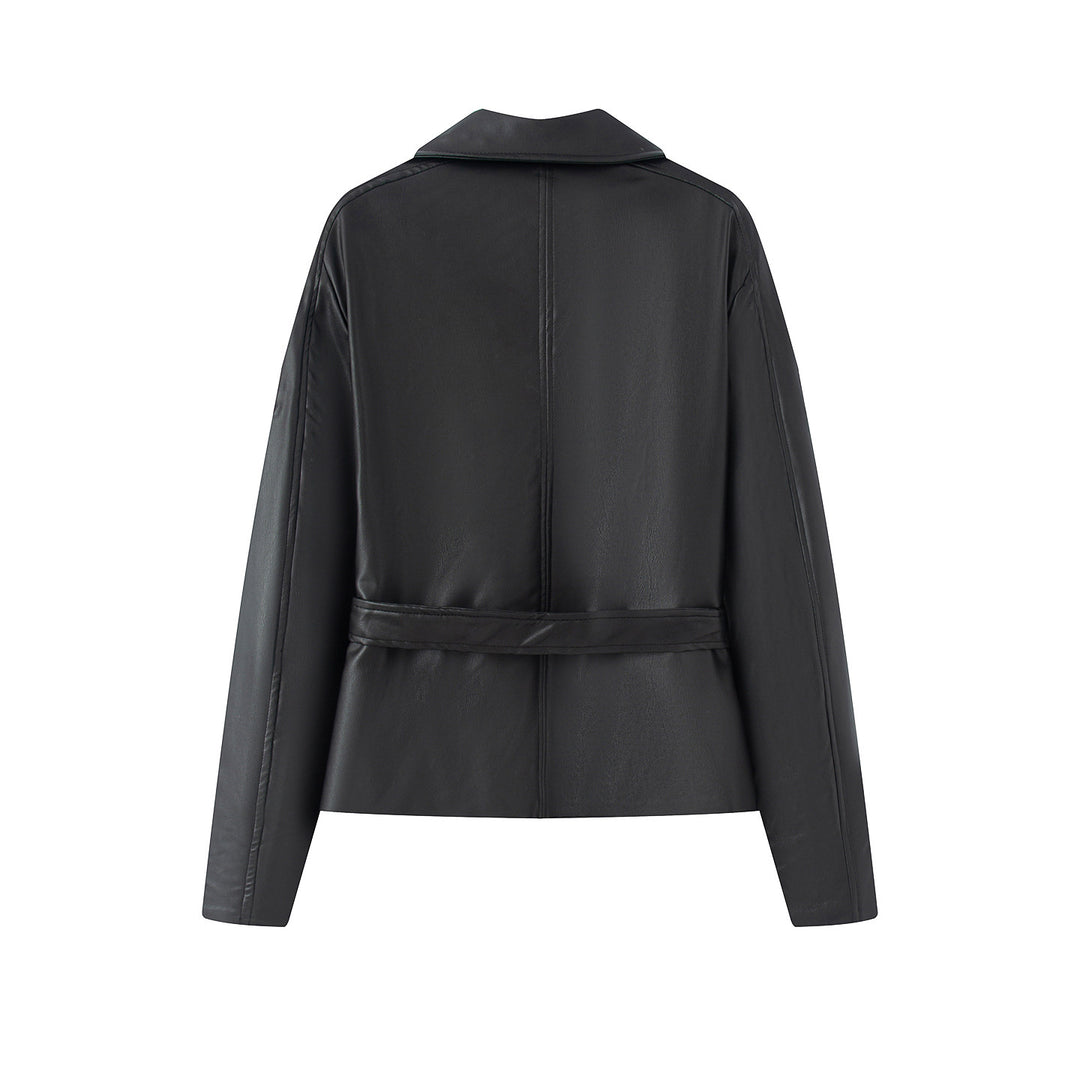 Damen nan kurz geschnittene Trench-Optik Kunstlederjacke mit Bindegürtel und Schulterpatten Echo Archiv
